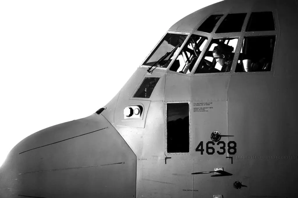 A black and white photo of an airplane.