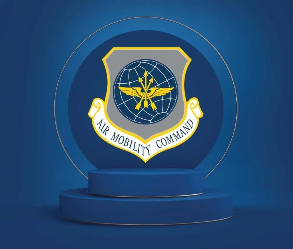 A lighted air mobility command logo on display.