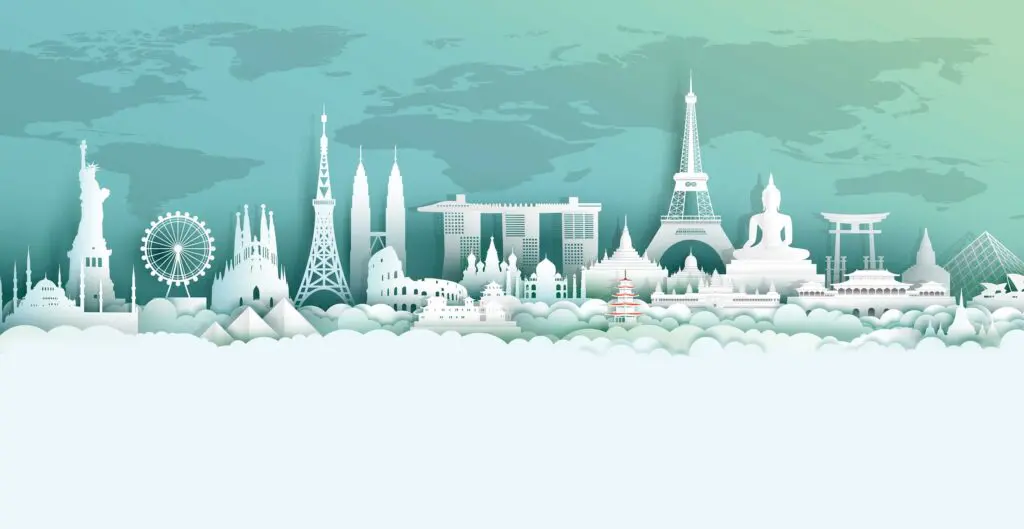 A city skyline with many buildings and towers.