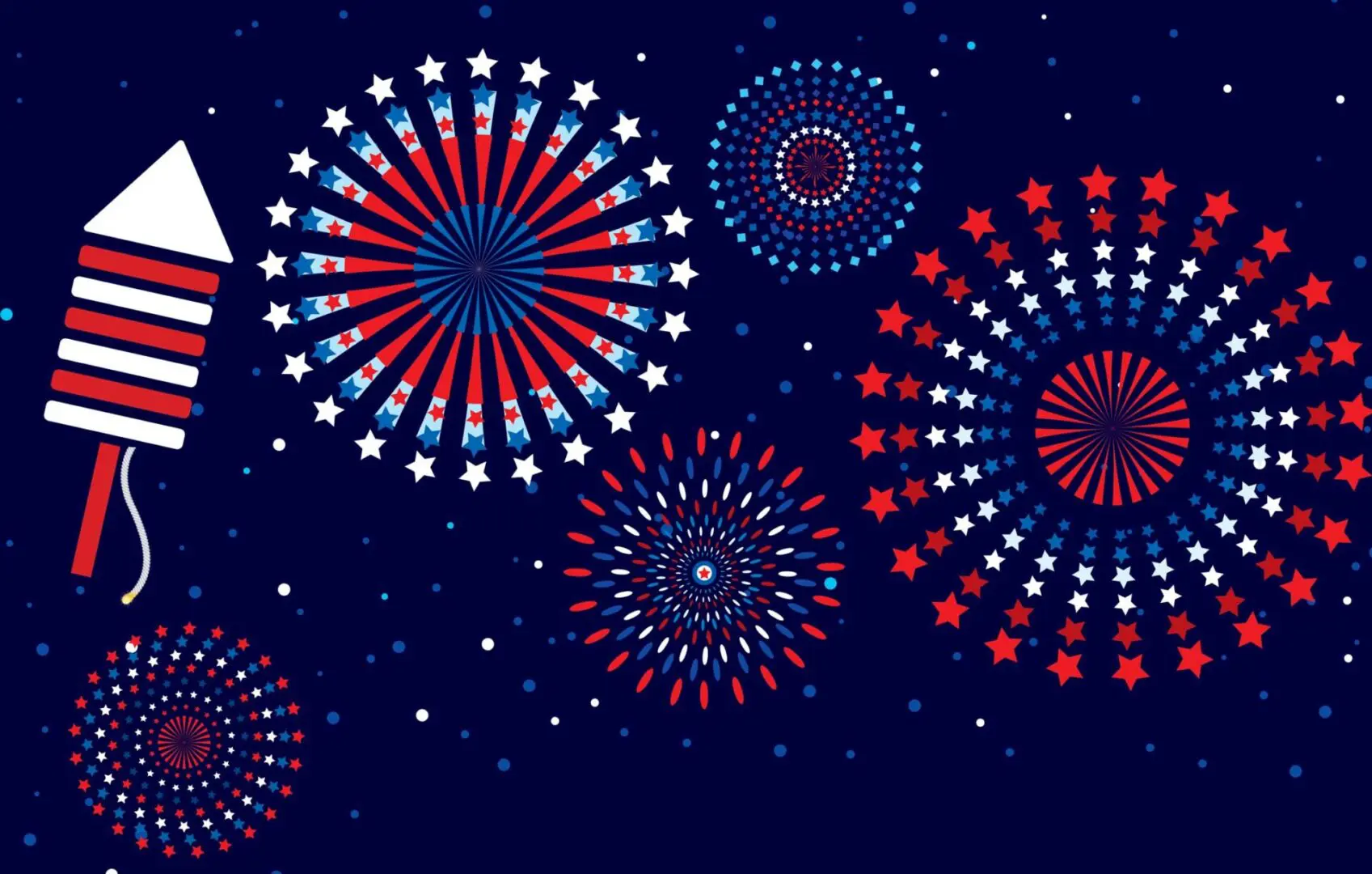 A group of fireworks with red, white and blue designs.