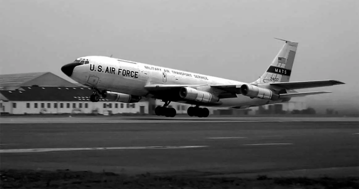 A black and white photo of an air force jet.