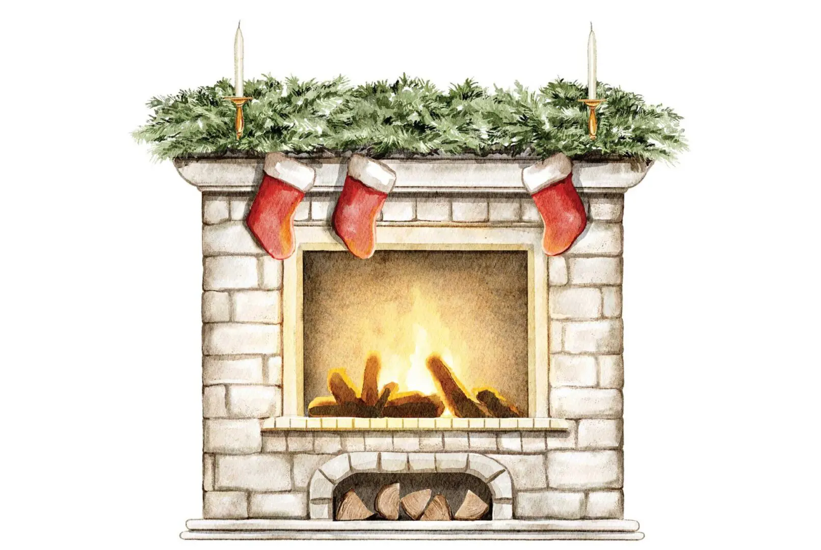 A fireplace with stockings hanging above it.