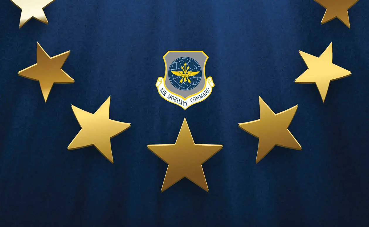 A blue background with five gold stars and an air force emblem.