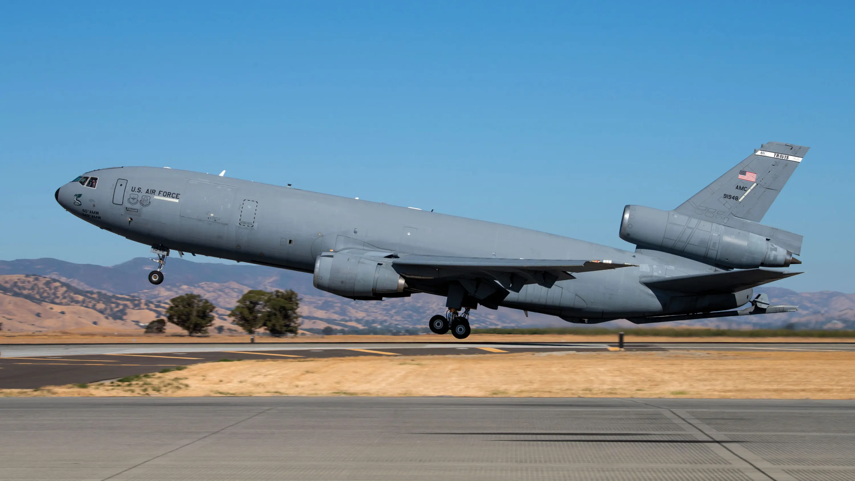 A KC-10 Extender takes off from Travis Air Force Base, California.