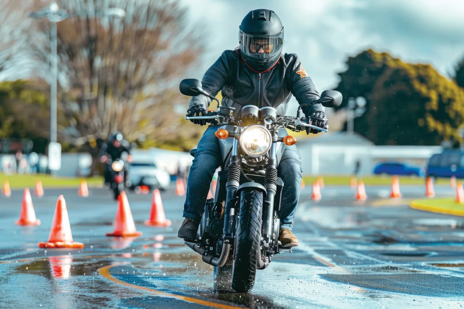A man wearing a black helmet, black jacket and gloves, jeans, and boots rides a motorcycle in an area marked off with orange cones.