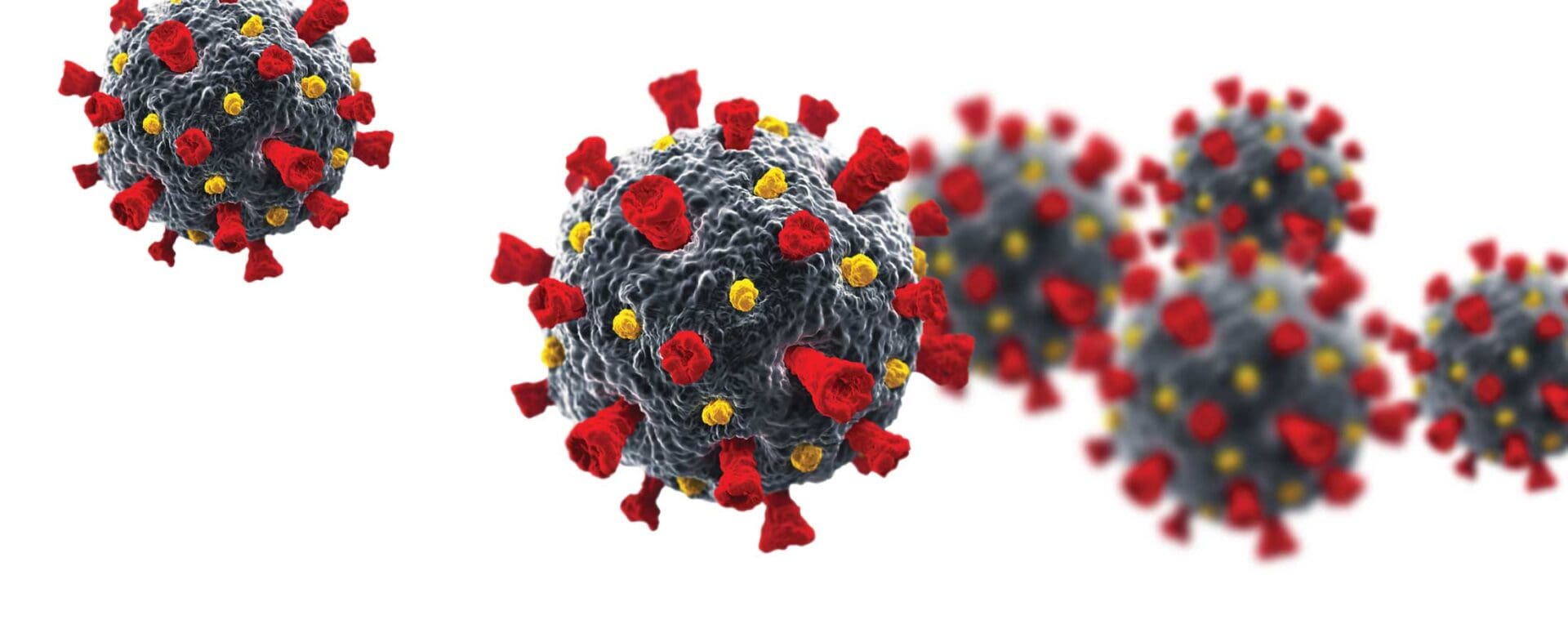 A close up of a red and yellow virus