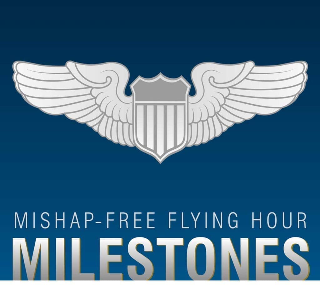 A silver wing with the words mishap-free flying hour milestones.