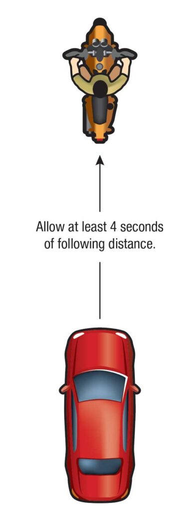 Red car behind a motorcycle with the text "Allow at least 4 seconds of following distance."