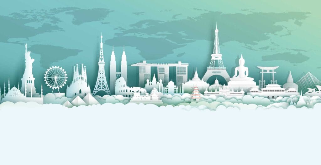 A city skyline with many buildings and towers.