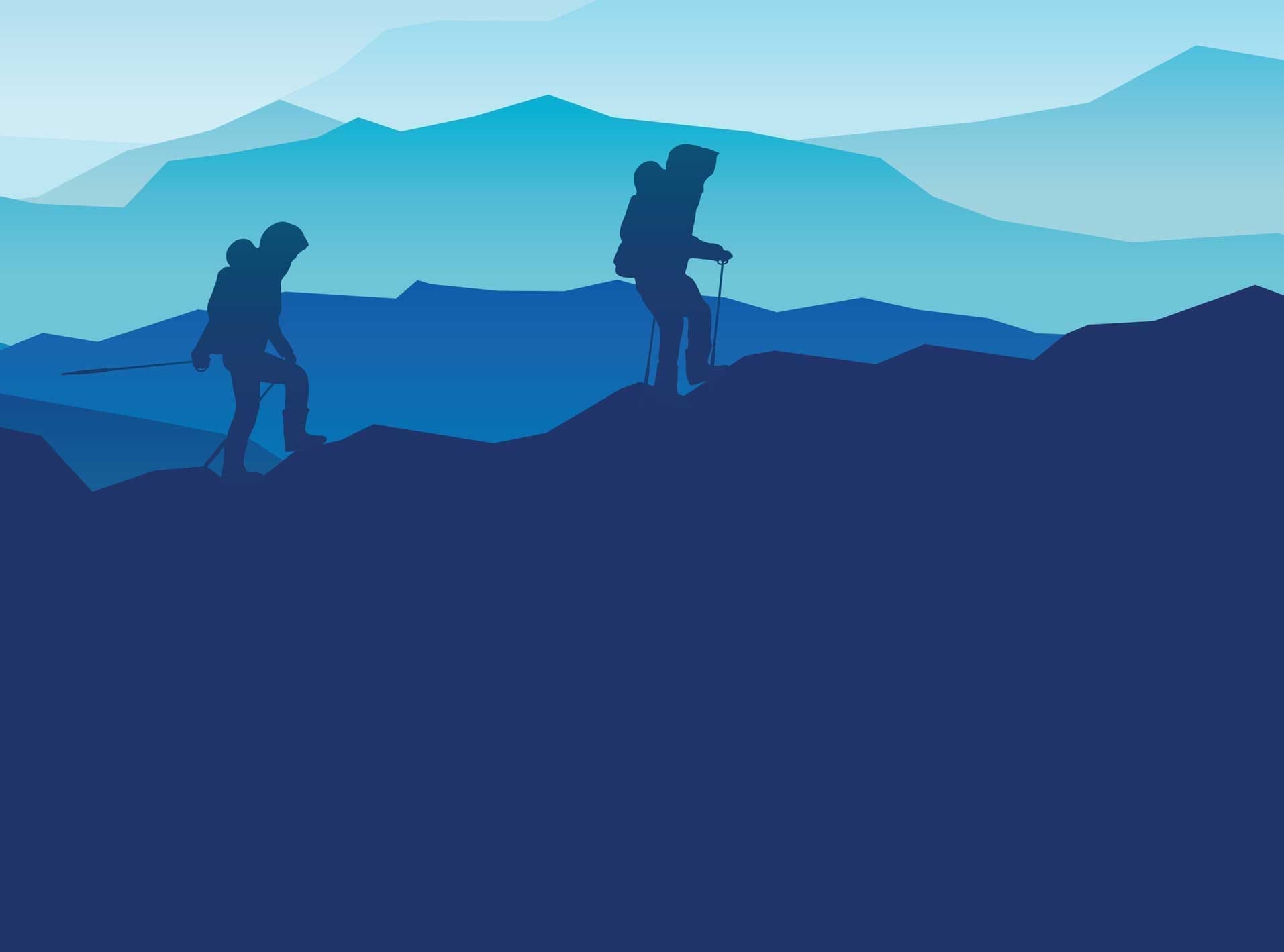 Two people are hiking up a mountain side.