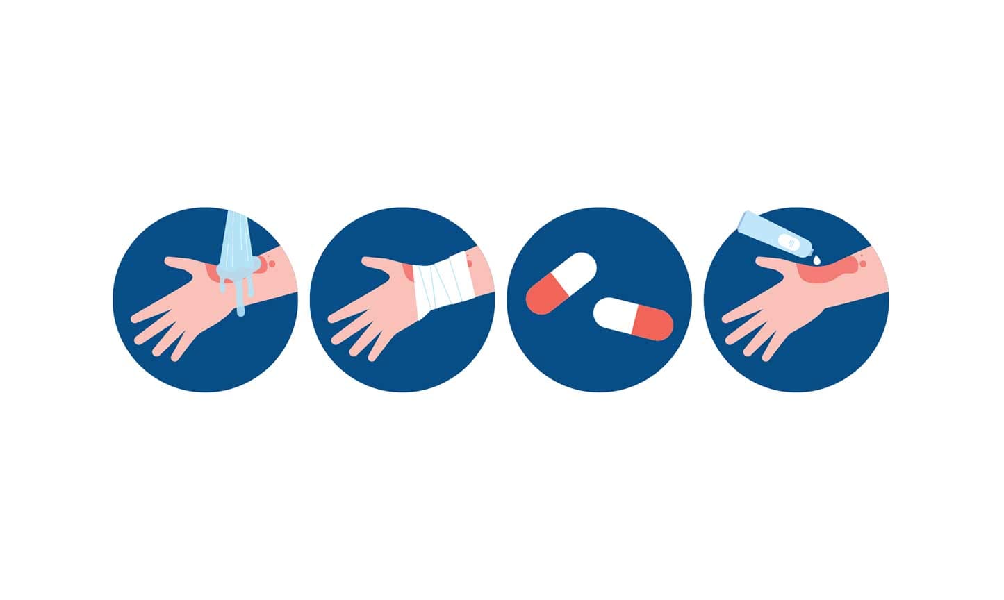 Four different images of hands and a pill.