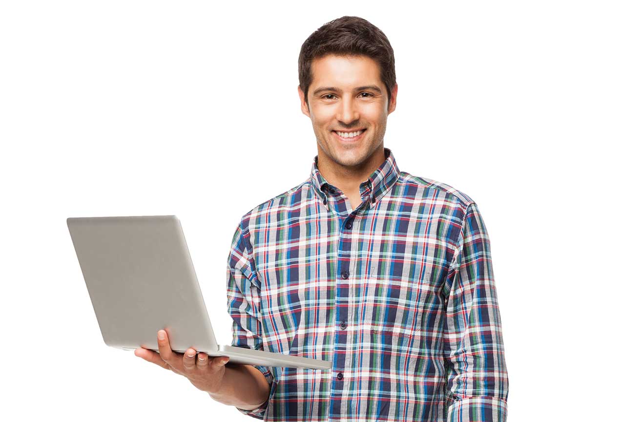 A man holding an open laptop computer.