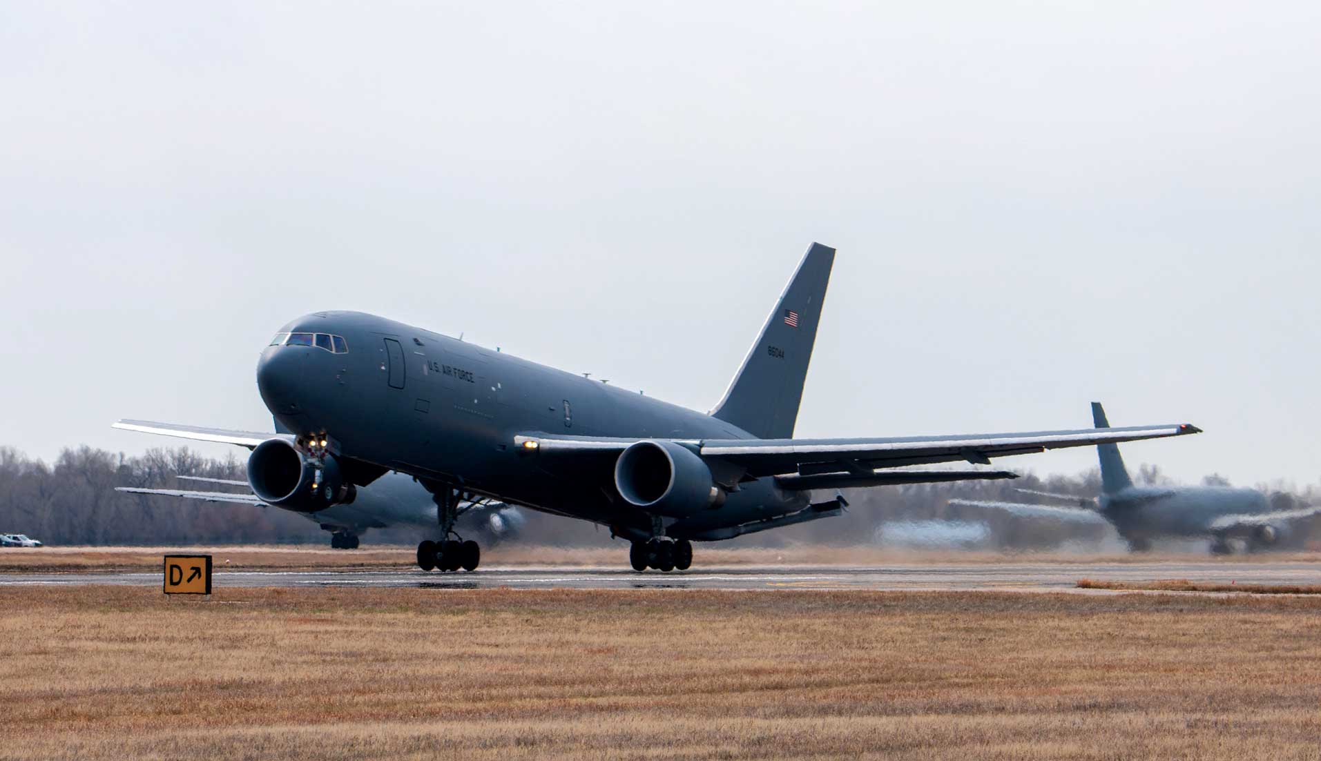 A KC-46A Pegasus takes off during an aircraft flush at McConnell Air Force Base, KS, March 27, 2023.