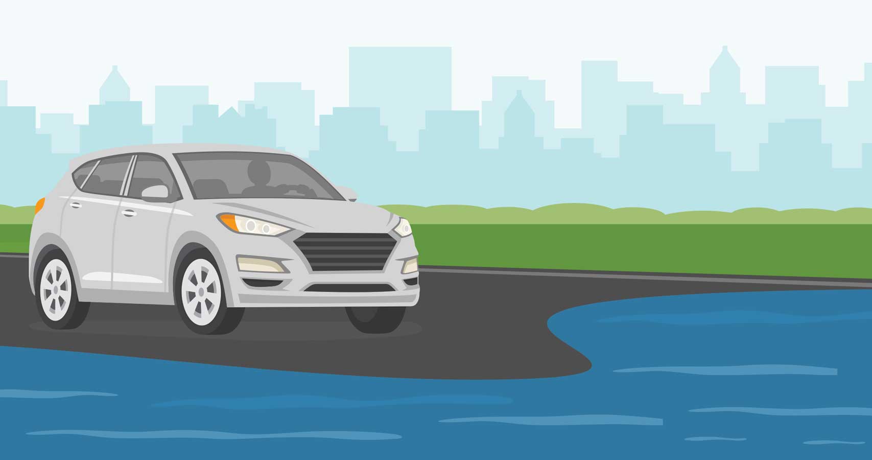 Graphic of car stopped on flooded street.