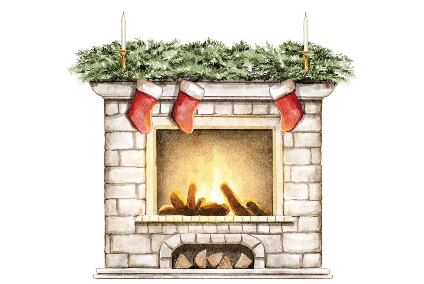 A fireplace with stockings hanging above it.