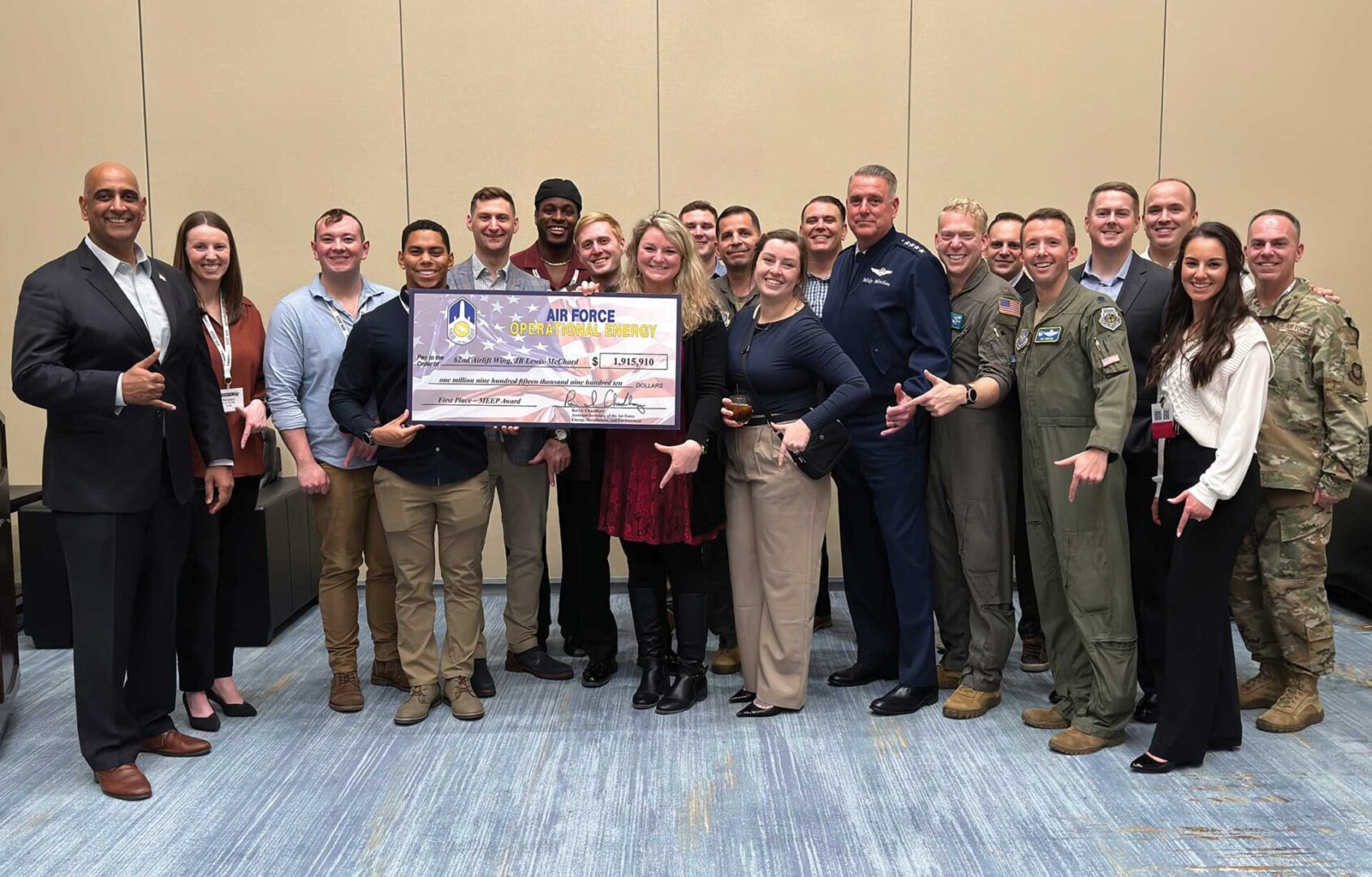 Team McChord members, Air Mobility Command senior leaders, and members of the Airlift/Tanker Association (A/TA) hold a check for the 62d Airlift Wing’s (AW’s) Mission Execution Excellence Program (MEEP) $1.9 million incentive award during the A/TA conference in Grapevine, TX, Nov. 9-11, 2023. The 62d AW’s dedication to the MEEP program goals and their efficient flying practices earned them the first place award. The A/TA conference recognizes Air Mobility Command’s top performers and encourages professional development.