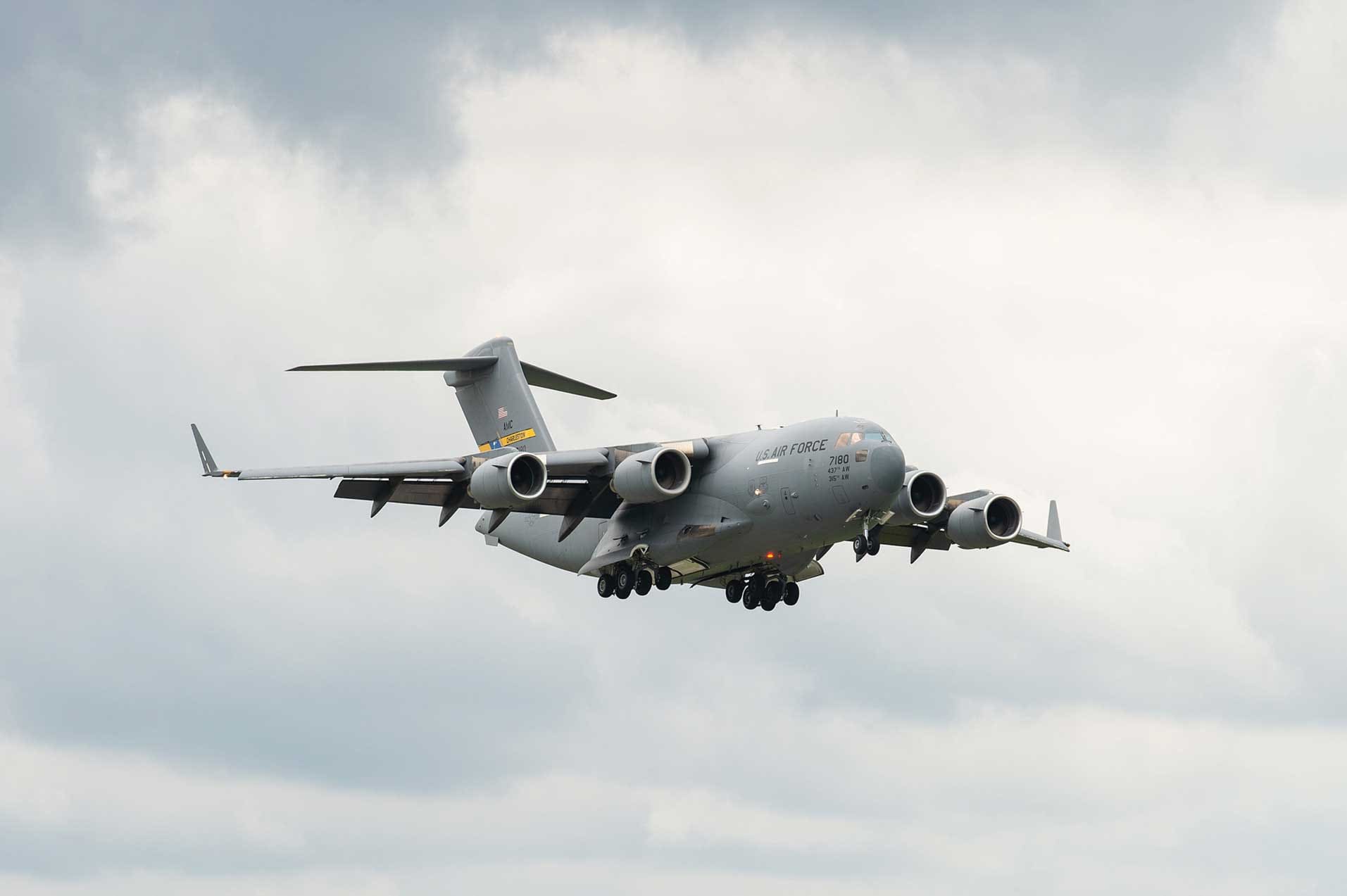 A C-17 Globemaster III prepares to land during the 2024 First State Airshow at Dover Air Force Base, DE, May 19, 2024. USAF photo by Roland Balik