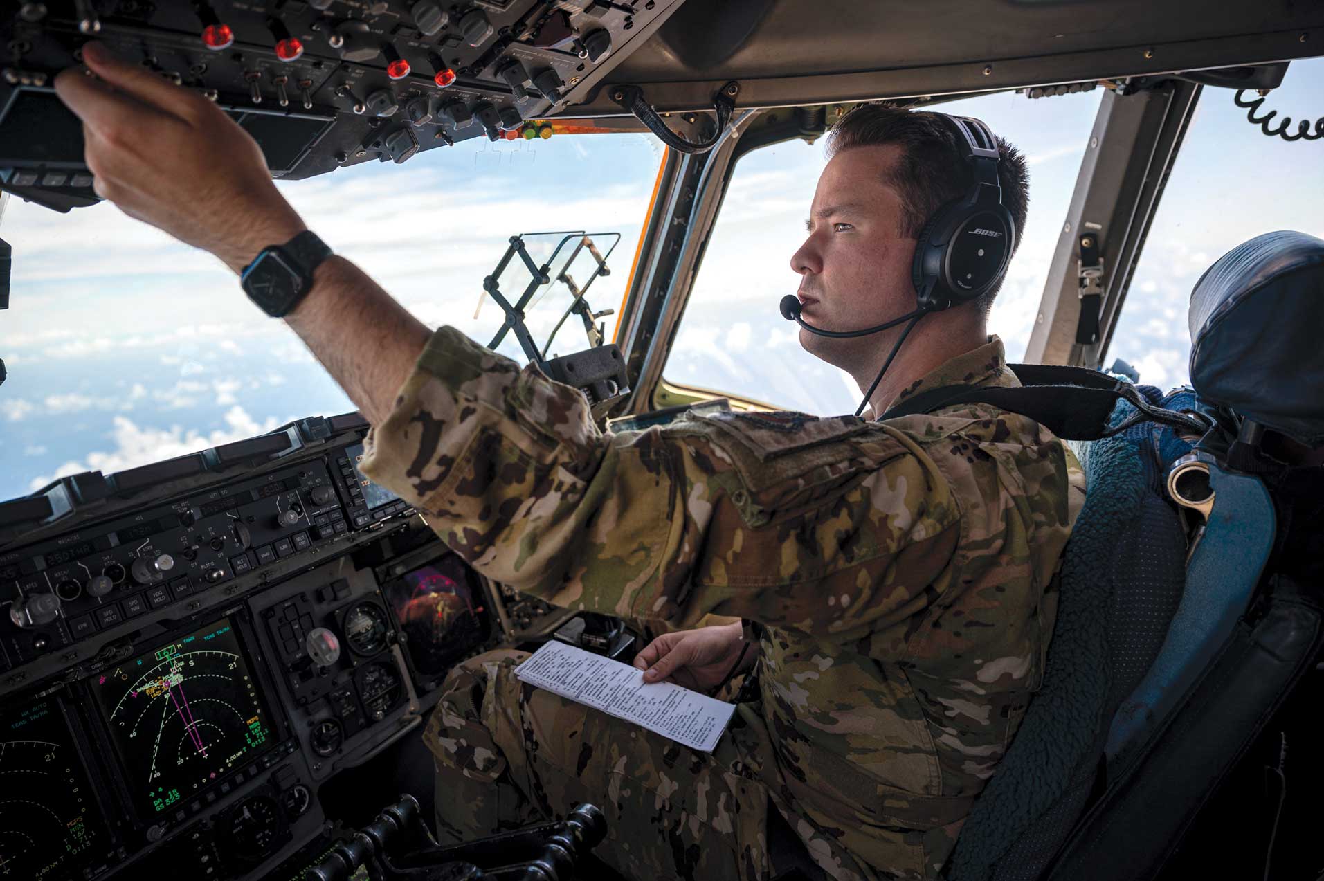 1 Lt Zach Mathewson, 6th Airlift Squadron C-17 Globemaster III Pilot, pilots a C-17 Globemaster III over an auxiliary field near Andersen Air Force Base, Guam, in support of Valiant Shield 2024, June 10, 2024.USAF photo by SrA Keegan Putman