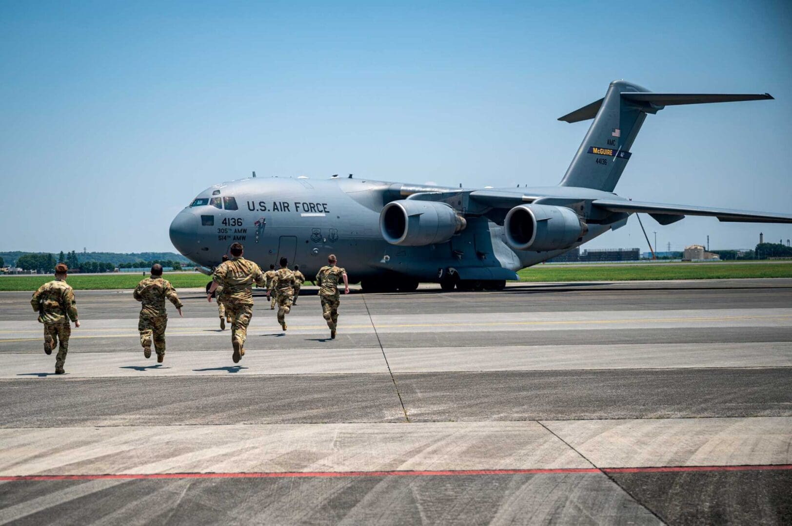 Aircrew members assigned to the 6th Airlift Squadron run to a C-17 Globemaster III while conducting Flush checklist procedures on Yokota Air Base, Japan, in support of Valiant Shield 2024, June 14, 2024. The Flush checklist is designed for an aircrew to get an aircraft’s engines running in minimal amount of time and ready for departure predicated on an imminent threat. Exercises such as Valiant Shield allow the Indo-Pacific Command Joint Forces the opportunity to integrate forces from all branches of service and with our allies to conduct precise, lethal, and overwhelming multi-axis, multi-domain effects that demonstrate the strength and versatility of the Joint Force and our commitment to a free and open Indo-Pacific. USAF photo by SrA Keegan Putman