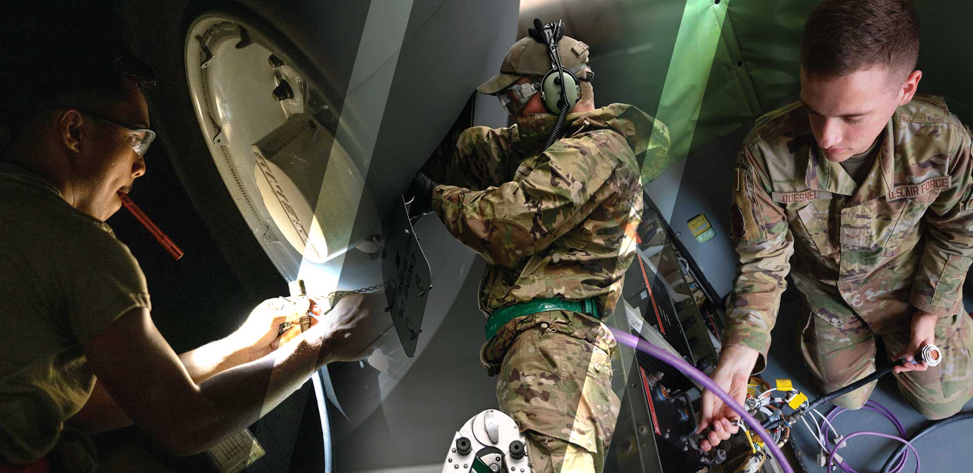 SrA Davin Capeda, 6th Aircraft Maintenance Squadron Crew Chief, checks the tire pressure on a KC-135 Stratotanker July 7, 2023, at Yokota Air Base, Japan, in support of Mobility Guardian 2023.USAF photo by TSgt Alexander Cook. A1C David Stanger, a Crew Chief with the 62d Aircraft Maintenance Squadron, services the engine oil on a C-17 Globemaster III participating in Exercise Rainier War 23A at Joint Base Lewis-McChord, WA, Sept. 26, 2023.USAF photo by SrA Callie Norton. A1C Nathaniel Quesnel, 6th Aircraft Maintenance Squadron Avionics Specialist, installs a high-frequency radio prototype on a KC-135 Stratotanker at MacDill Air Force Base, FL, Feb. 13, 2024.USAF photo by SrA Joshua Hastings