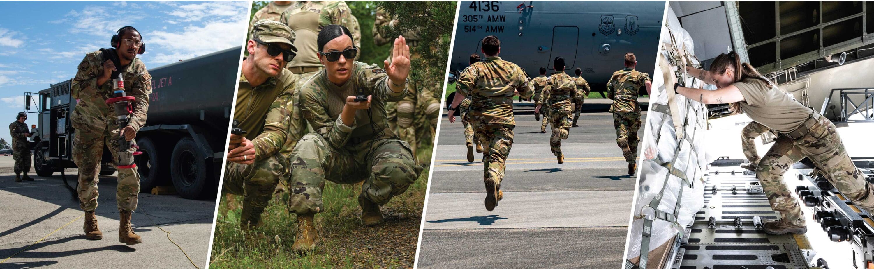 A soldier kneeling down next to another soldier running.