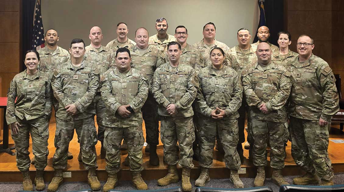 MSgt Robert Hollis, MSgt Joshua Radford, MSgt Patrick Forbes, TSgt Taw Browning, MSgt Karamjeet Singh, TSgt Lou Noriega, MSgt Johnny Waller, MSgt Alexander Top, MSgt Sudarien Smith, and TSgt Kristen Horwith. Front row, left to right: Maj Tracy Odom, TSgt Danny Cannan, MSgt Jose Acevedo, MSgt Jason Boeninghaus, MSgt Alexis Martinez, TSgt Alan Williams, and Maj Robert Bligh.
