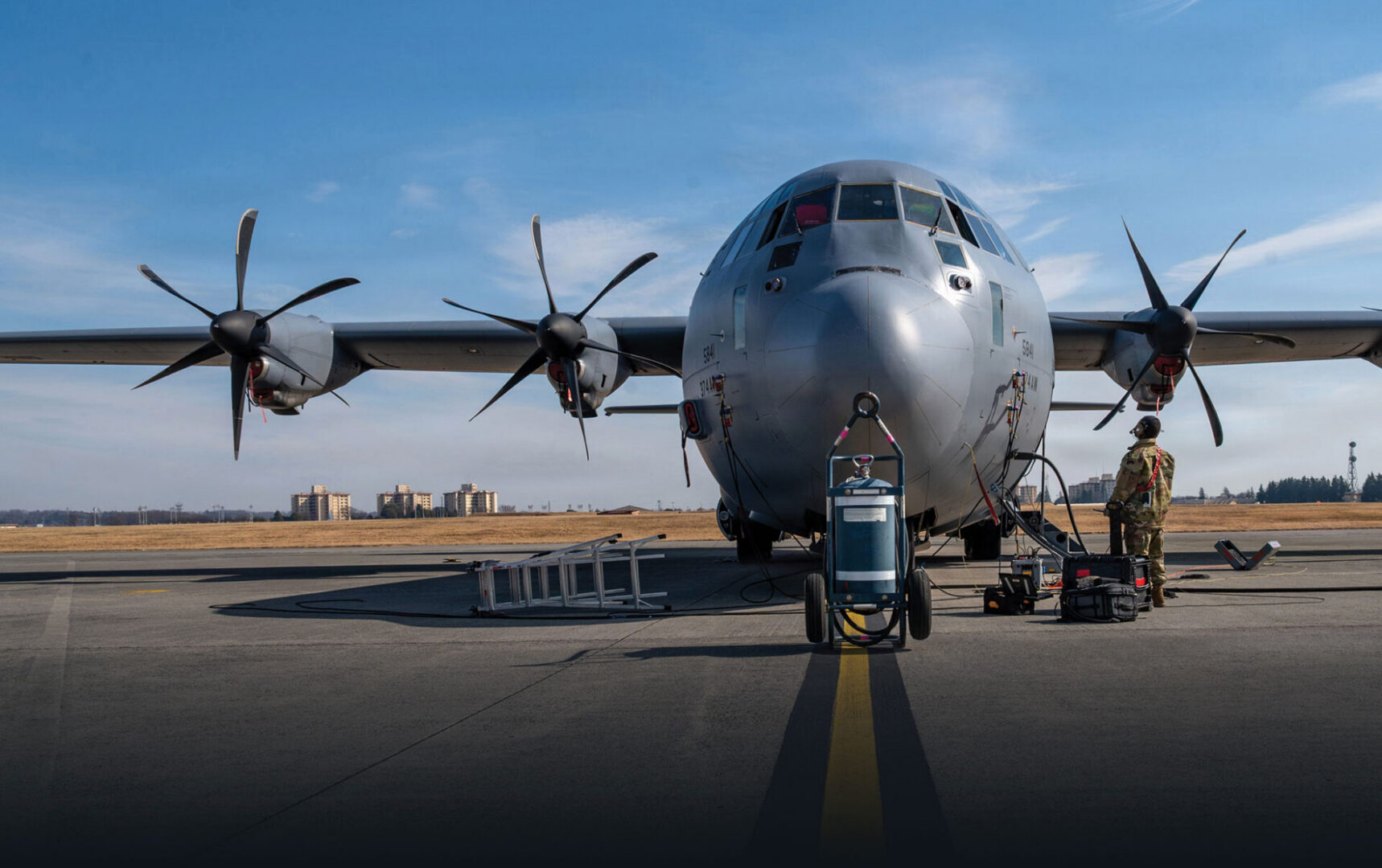 A C-130J Super Hercules on the flightline at Yakota Air Base, Japan.