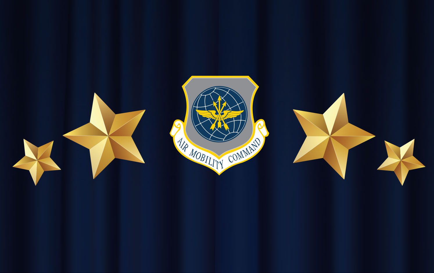 Air Mobility Command logo against a dark blue background with 4 gold stars.