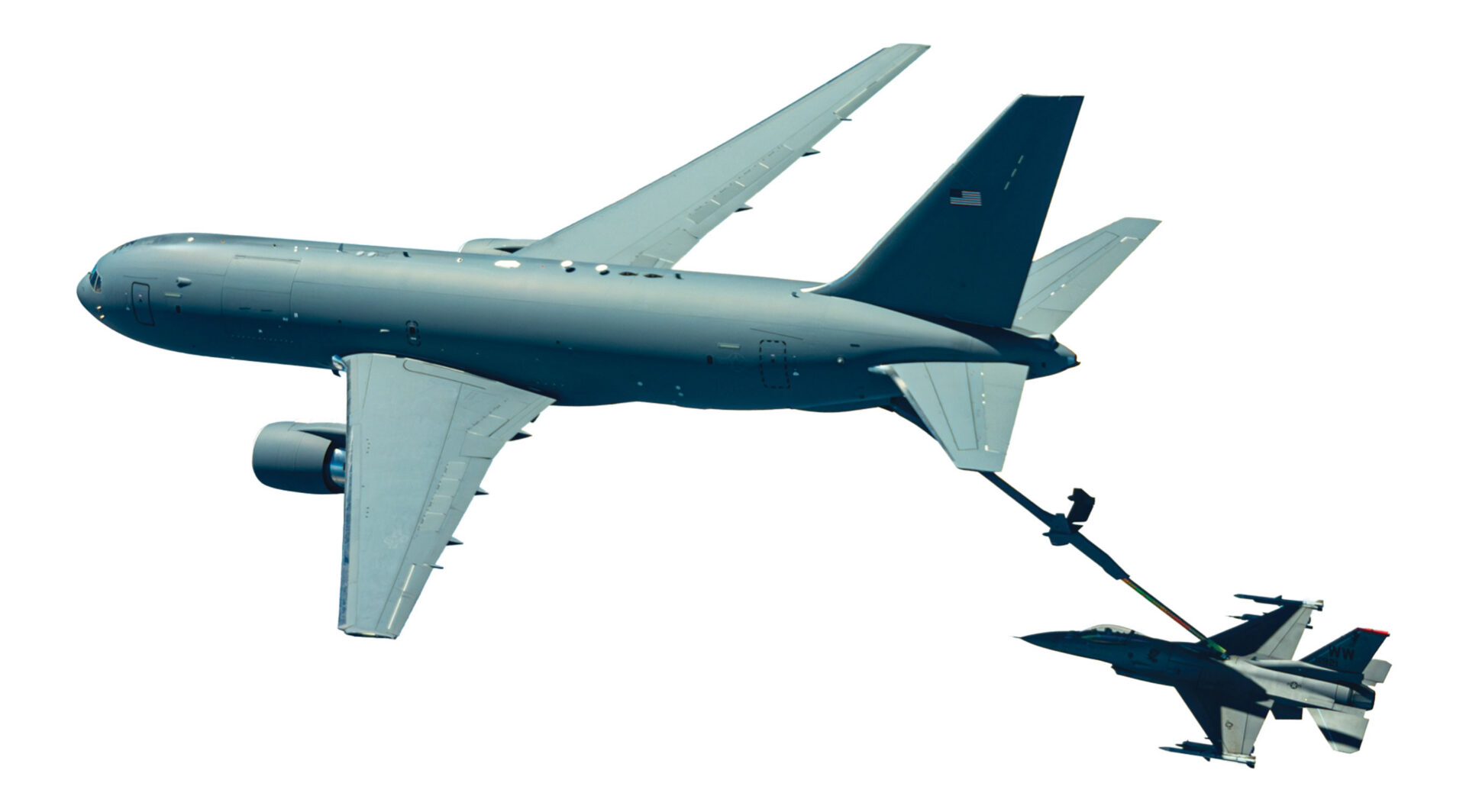 A KC-46A Pegasus refuels an F-16 Fighting Falcon.