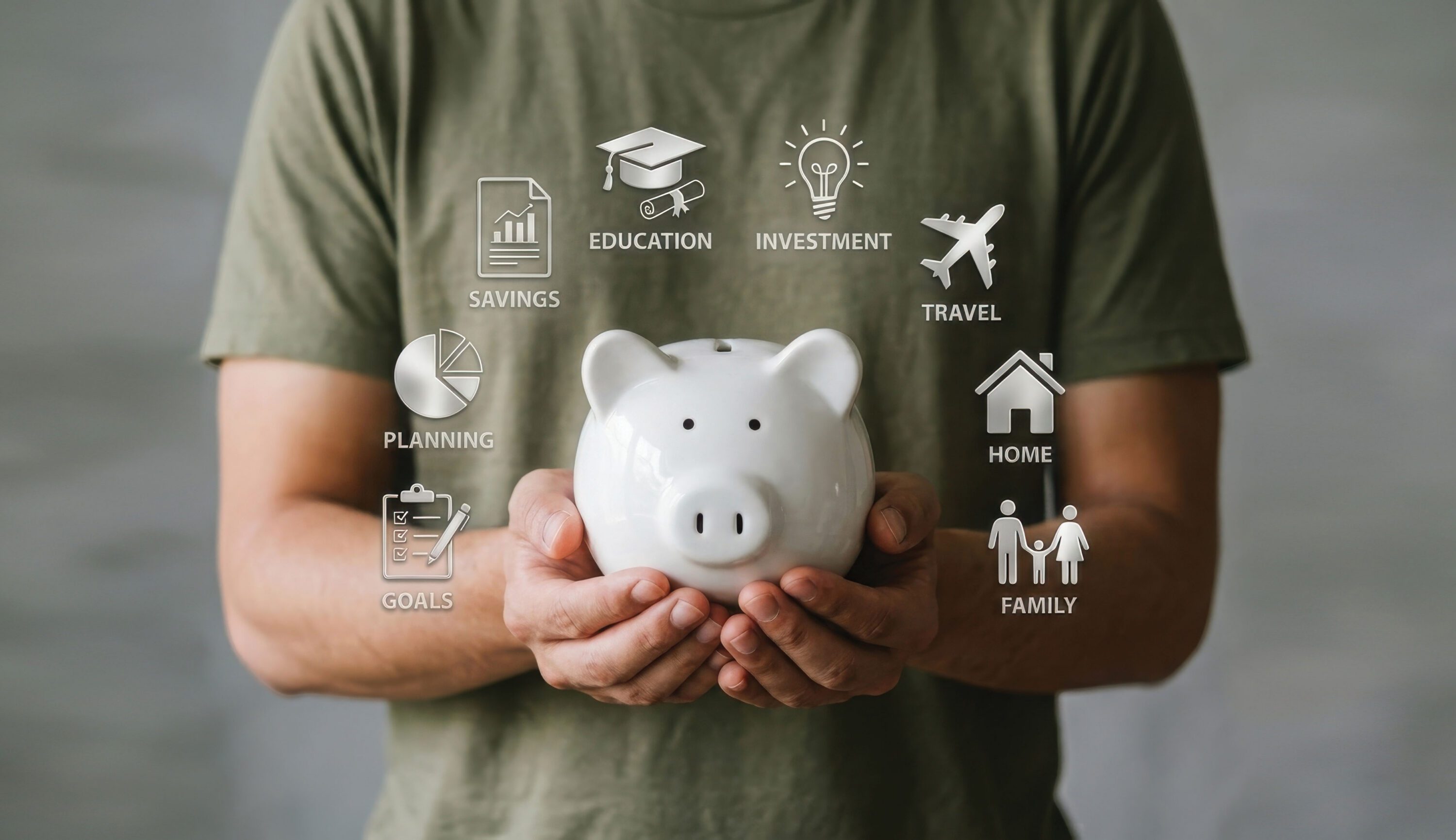 A person holding a white piggy bank, behind icons and text that reads goals, planning, savings, education, investment, travel, home, and family.